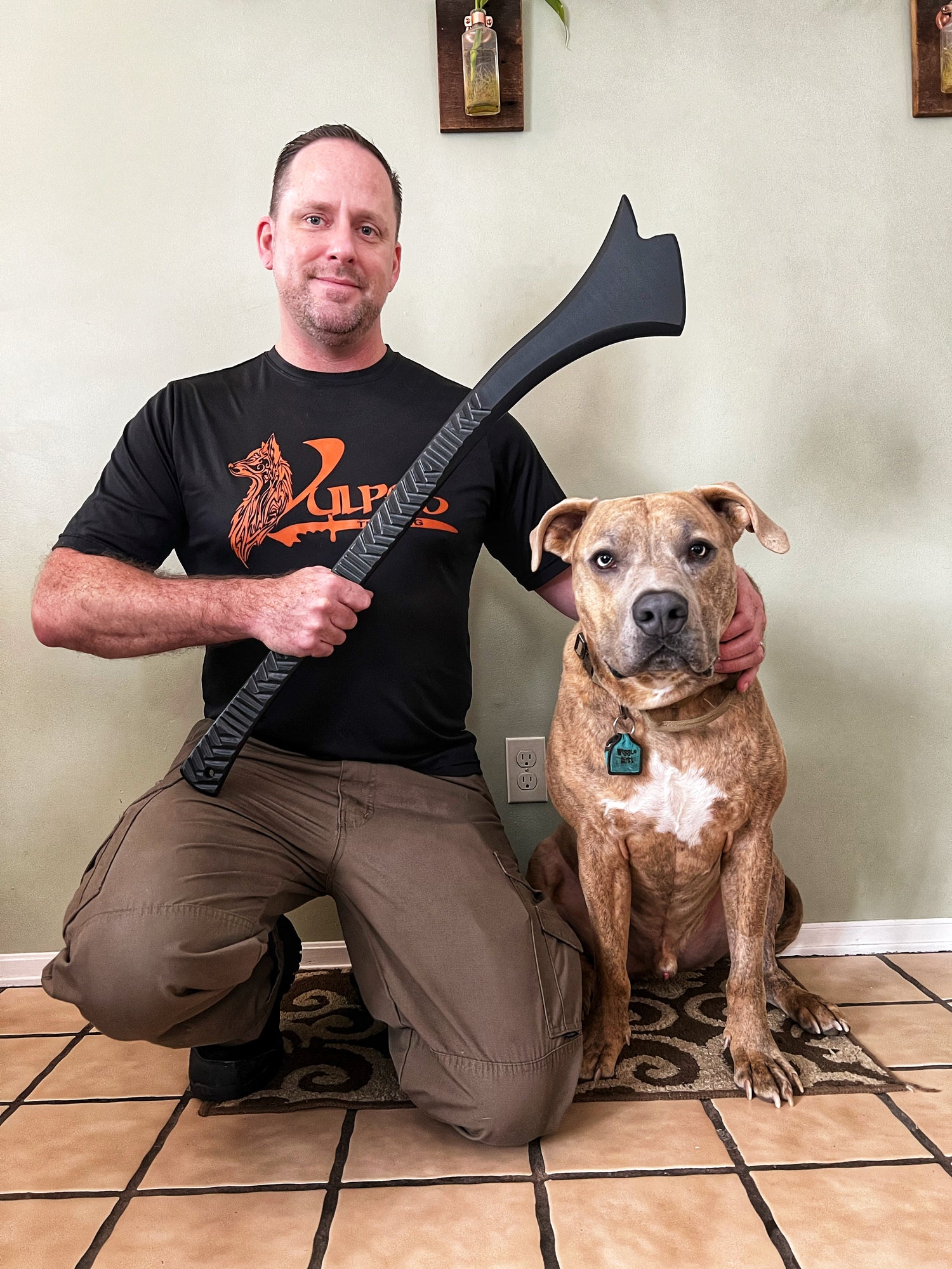 Welcome to Vulpes Training. My name is Chris “Sionnach “ Byron and this is Hogan , my Shop Manager. We make handcrafted training tools for martial artists.